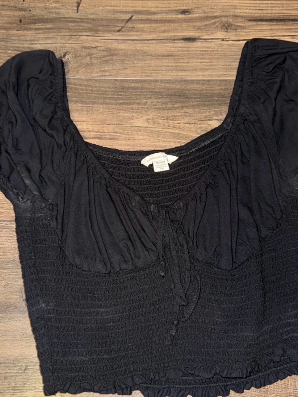 American Eagle Outfitters Black Smocked Crop Top with Tie